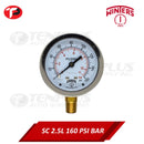 Winters Pressure Gauge 2.5" Stainless Case Brass Socket 0-160 PSI/ 11 BAR 1/4 Bottom Connection Liquid Filled