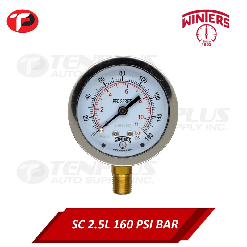 Winters Pressure Gauge 2.5" Stainless Case Brass Socket 0-160 PSI/ 11 BAR 1/4 Bottom Connection Liquid Filled