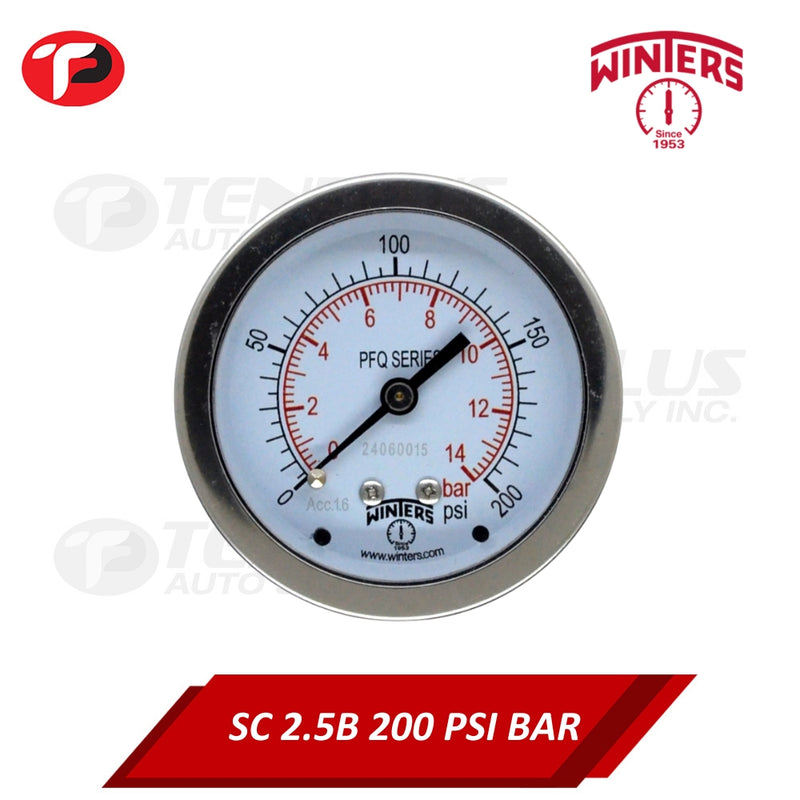 Winters Pressure Gauge 2.5" Stainless Case Brass Socket 0-200 PSI/ 14 BAR 1/4 Center Back Connection Liquid Filled