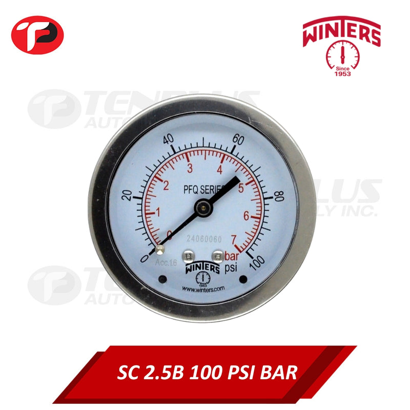 Winters Pressure Gauge 2.5" Stainless Case Brass Socket 0-100 PSI/ 7 BAR 1/4 Center Back Connection Liquid Filled