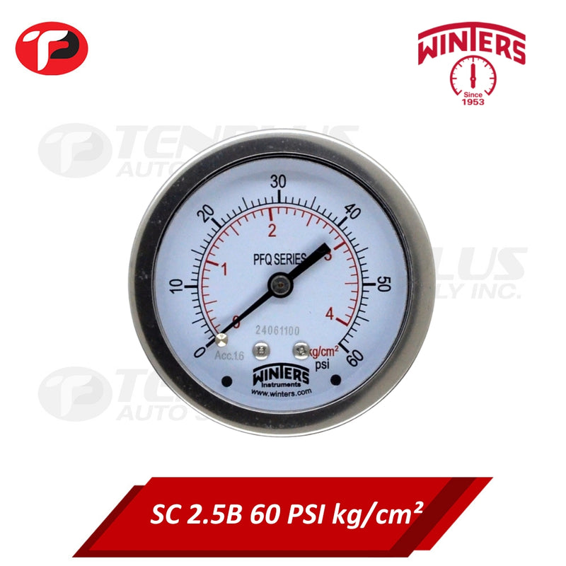 Winters Pressure Gauge 2.5" Stainless Case Brass Socket 0-60 PSI/ 4 KGCM2 1/4 Center Back Connection Liquid Filled