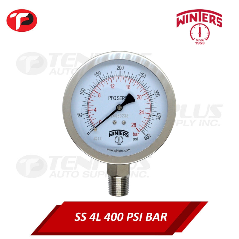 Winters Pressure Gauge 4" All Stainless Steel 0-400 PSI/ 28 KGCM2 1/2 Bottom Connection Liquid Filled