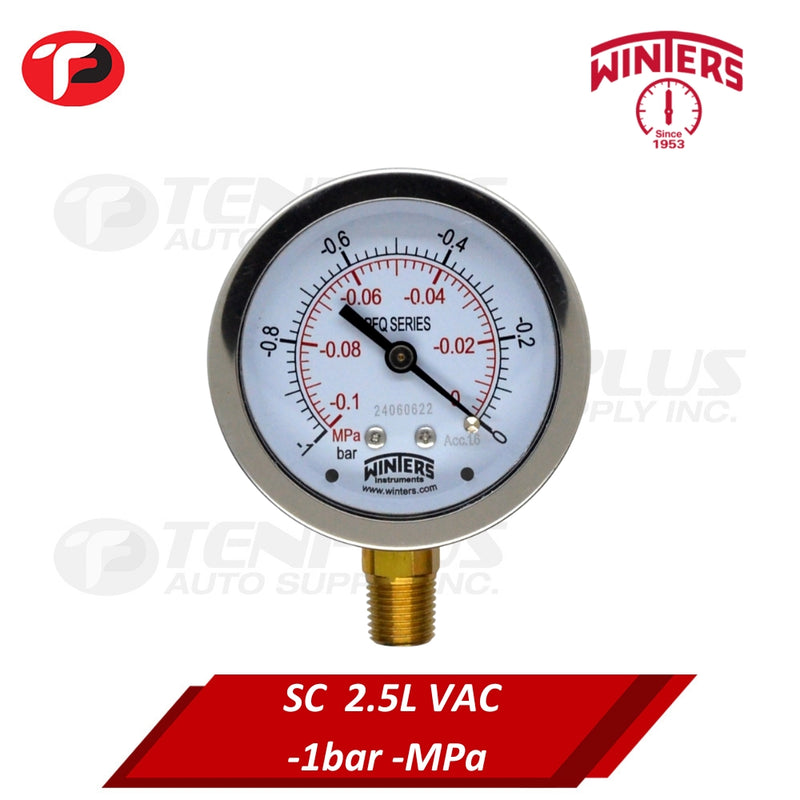 Winters Pressure Gauge 2.5" Stainless Case Brass Socket -1 BAR/-MPA VAC 1/4 Bottom Connection Liquid Filled