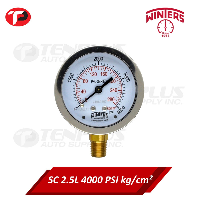 Winters Pressure Gauge 2.5" Stainless Case Brass Socket 0-4000 PSI/ 280 KGCM2 1/4 Bottom Connection Liquid Filled