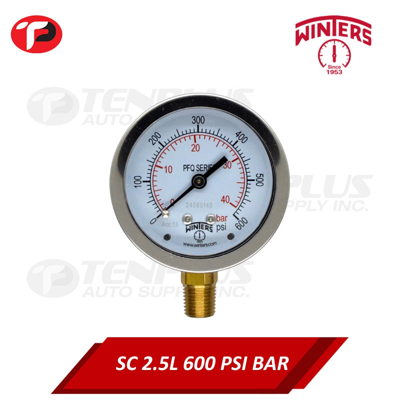 Winters Pressure Gauge 2.5" Stainless Case Brass Socket 0-600 PSI/ 40 BAR 1/4 Bottom Connection Liquid Filled