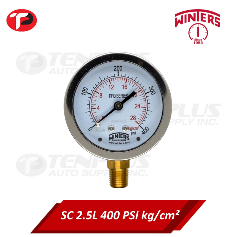 Winters Pressure Gauge 2.5" Stainless Case Brass Socket 0-400 PSI/ 28 KGCM2 1/4 Bottom Connection Liquid Filled