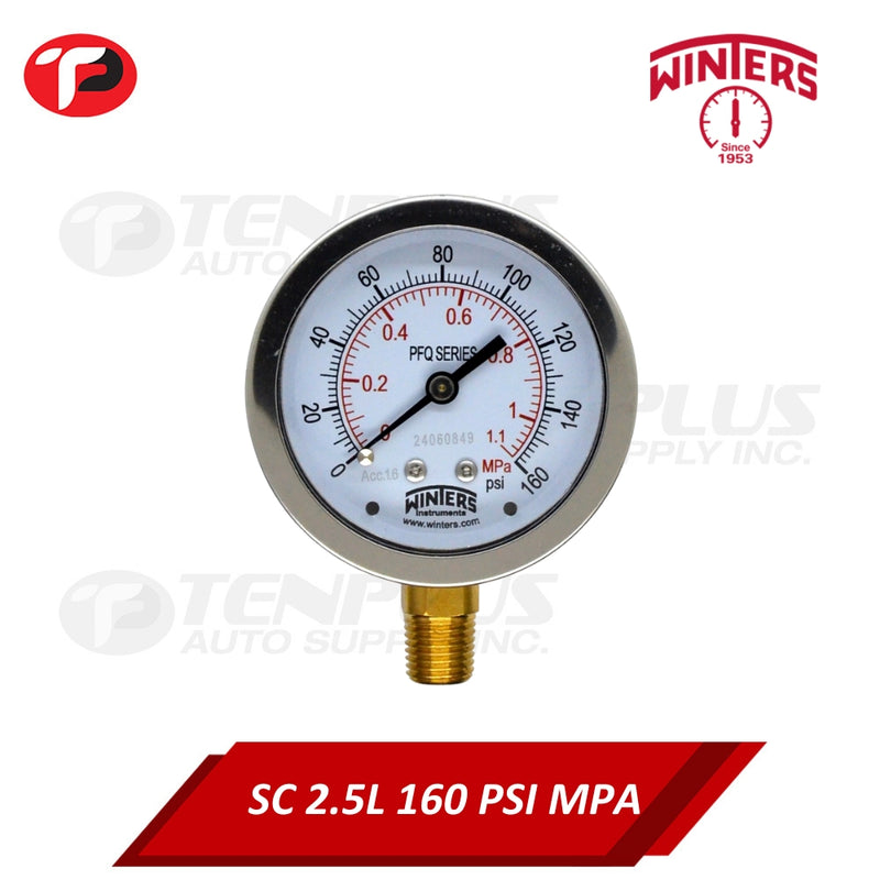 Winters Pressure Gauge 2.5" Stainless Case Brass Socket 0-160 PSI/ 1.1 MPA 1/4 Bottom Connection Liquid Filled