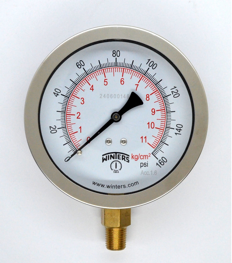 Winters Pressure Gauge 4" Stainless Case Brass Socket 0-160 PSI/ 11 BAR 1/4 Bottom Connection Liquid Filled