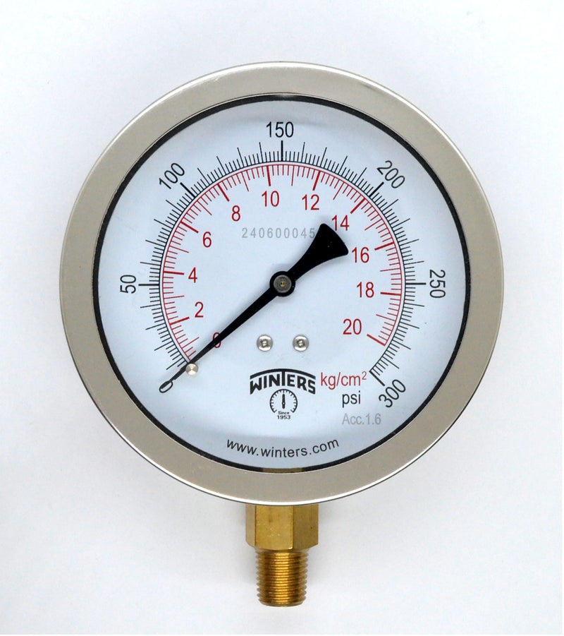 Winters Pressure Gauge 4" All Stainless Steel 0-300 PSI/ 20 KGCM2 1/2 Bottom Connection Liquid Filled