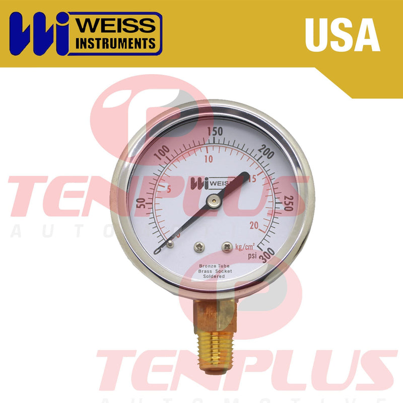 Weiss Pressure Gauge 2.5" Stainless Case Brass Socket 0-300 PSI/ 20 KGCM2 1/4 Bottom Connection Liquid Filled