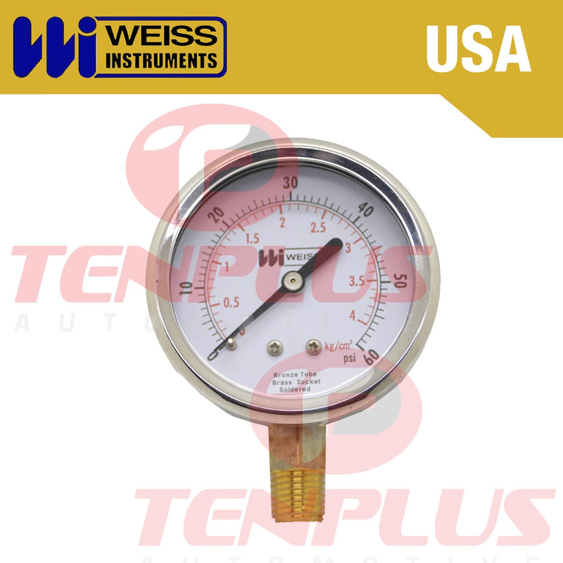 Weiss Pressure Gauge 2.5" Stainless Case Brass Socket 0-60 PSI/ 4 KGCM2 1/4 Bottom Connection Liquid Filled