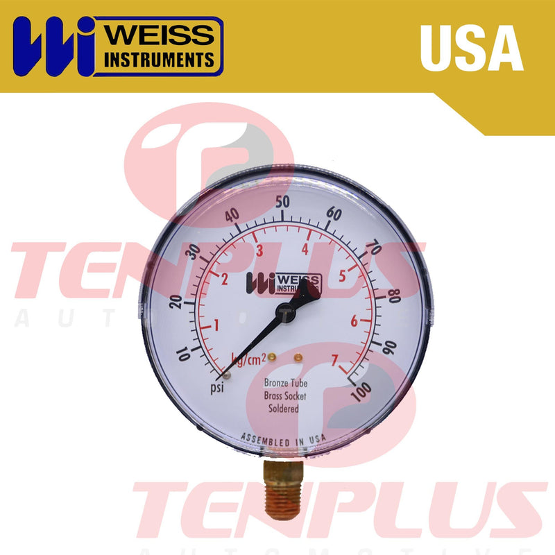 Weiss Pressure Gauge 4.0" Black Metal Case Brass Socket 0-100 PSI/ 7 KGCM2 1/4 Bottom Connection Dry Type